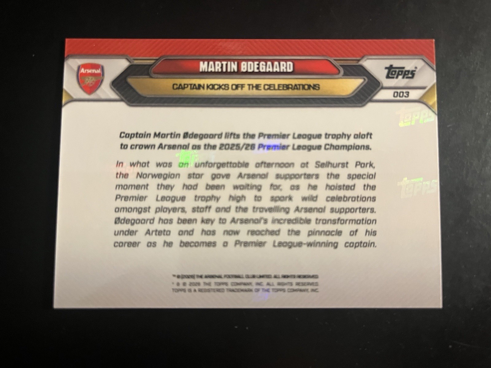 2025-26 Topps Now Arsenal FC Premier League Winners #03 Martin Odegaard