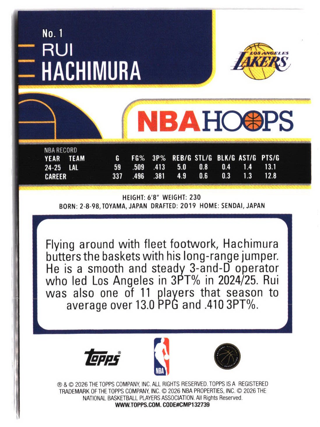2025-26 Topps NBA Hoops RUI HACHIMURA #1 Orange Hoops