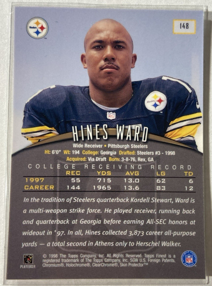 Hines Ward 1998 Topps Finest Rookie Card #148 RC W/ Protective Coating
