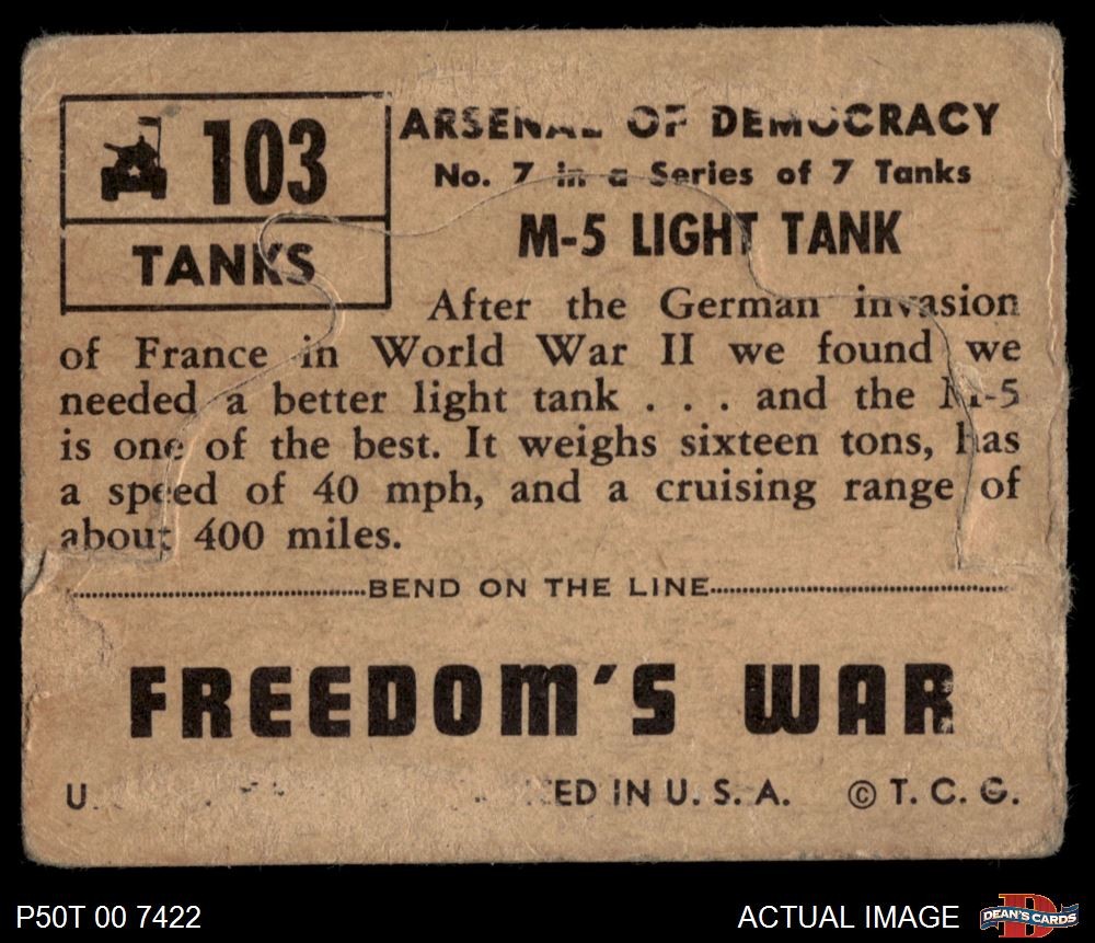 1950 Topps Freedoms War #103 M-5 Light Tank SHORT-PRINT / Die-Cut 1 – POOR