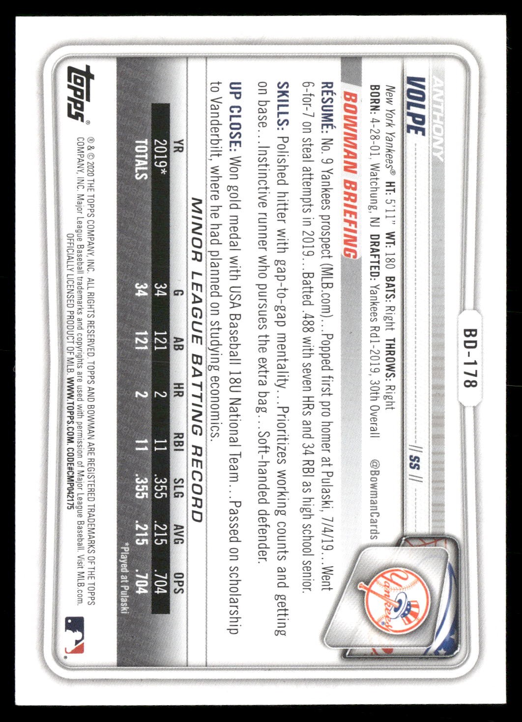 2020 Bowman Draft #BD-178 Anthony Volpe