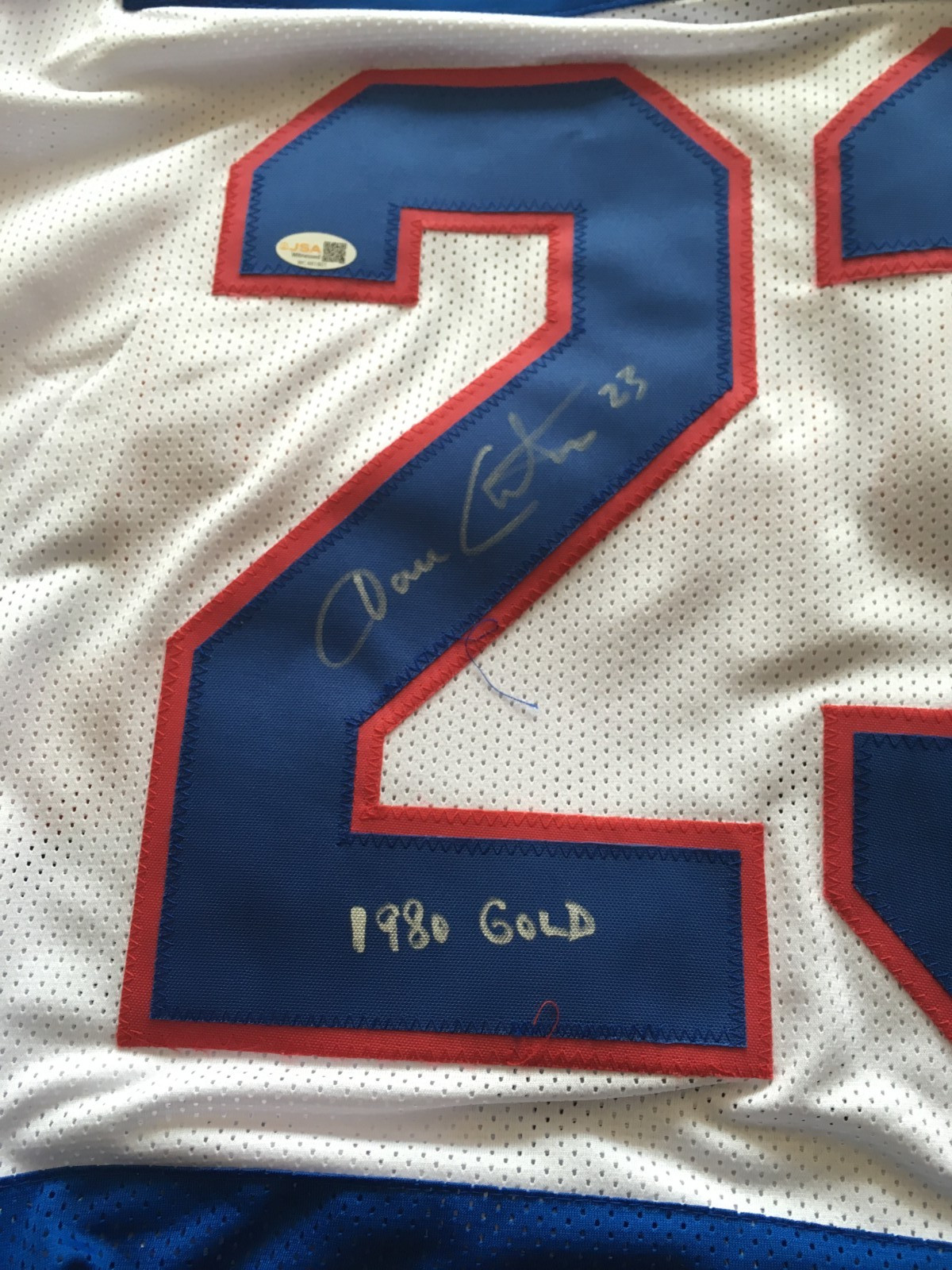 DAVE CHRISTIAN AUTOGRAPHED 1980 OLYMPIC JERSEY J.S.A. AUTHENTICATED