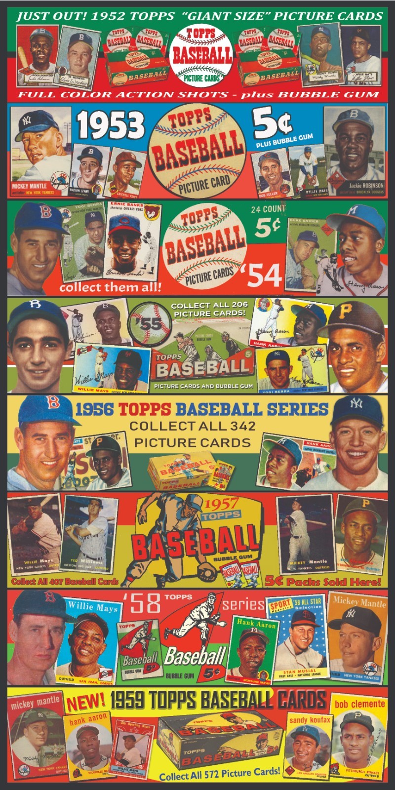 10″x20″ 1952 – 1959 Baseball Card Ad PVC Print Poster Mantle Williams Clemente