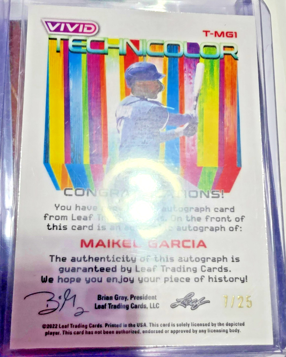 2022 LEAF VIVID WHITE MIRROR TECHNICOLOR #T-MG1 MAIKEL GARCIA RC AUT0 7/25