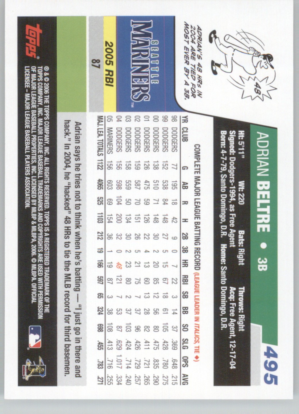 2006 Topps #495 Adrian Beltre Gold #/2006