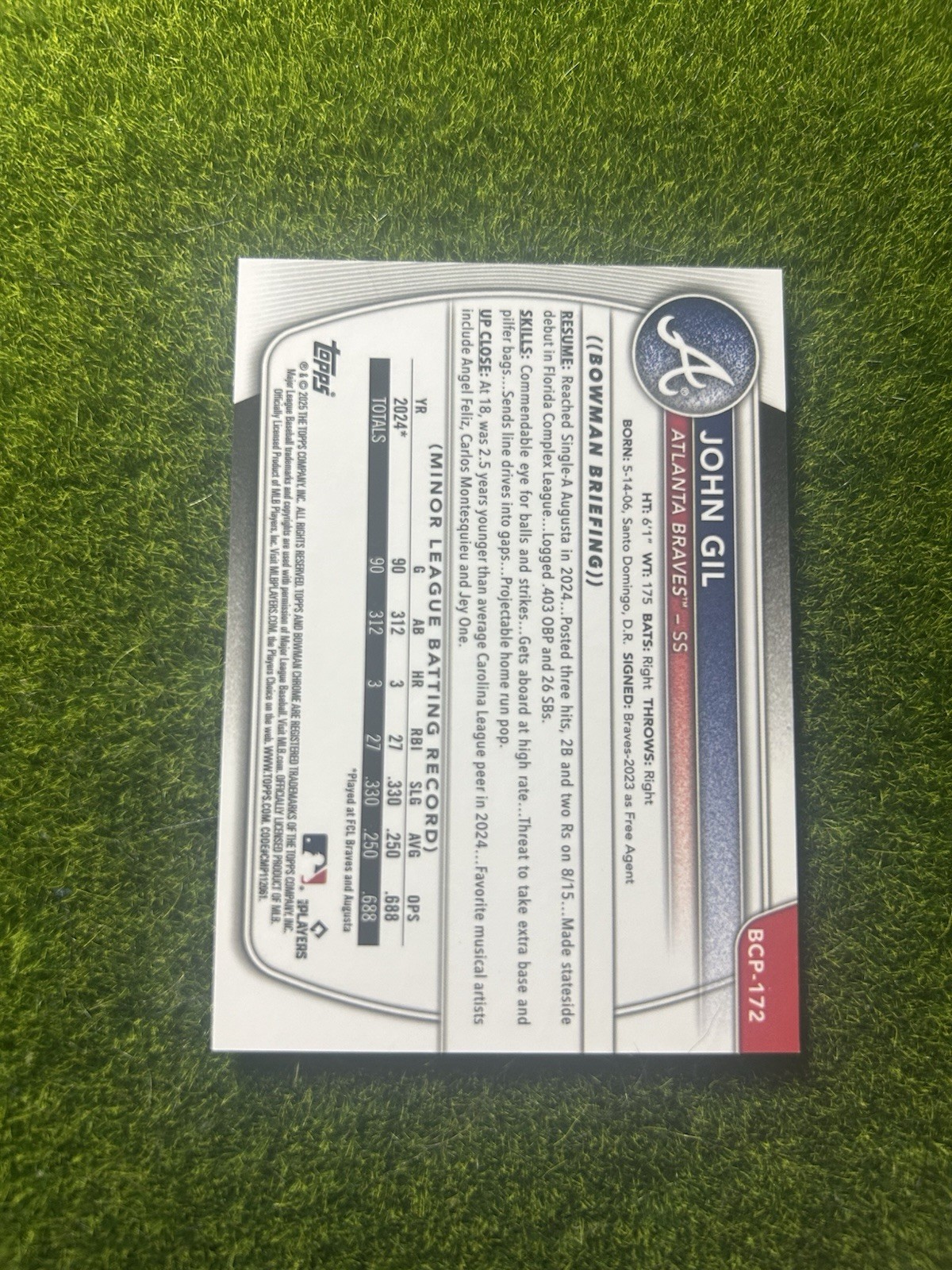 2025 Bowman Chrome 1st John Gil #BCP-172 Blue Reptilian Refractor /150 Braves