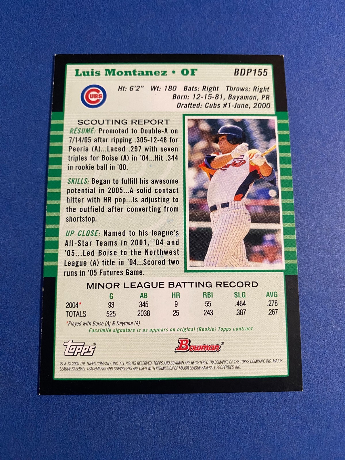LUIS MONTANEZ 2005 BOWMAN DRAFT #BDP155 AUTO IP SIGNED CHICAGO CUBS PUERTO RICO