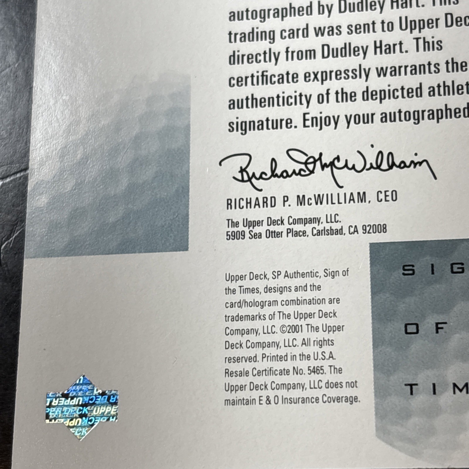 2001 Upper Deck SP Authentic DUDLEY HART On Card Auto Sign of the Times #DH