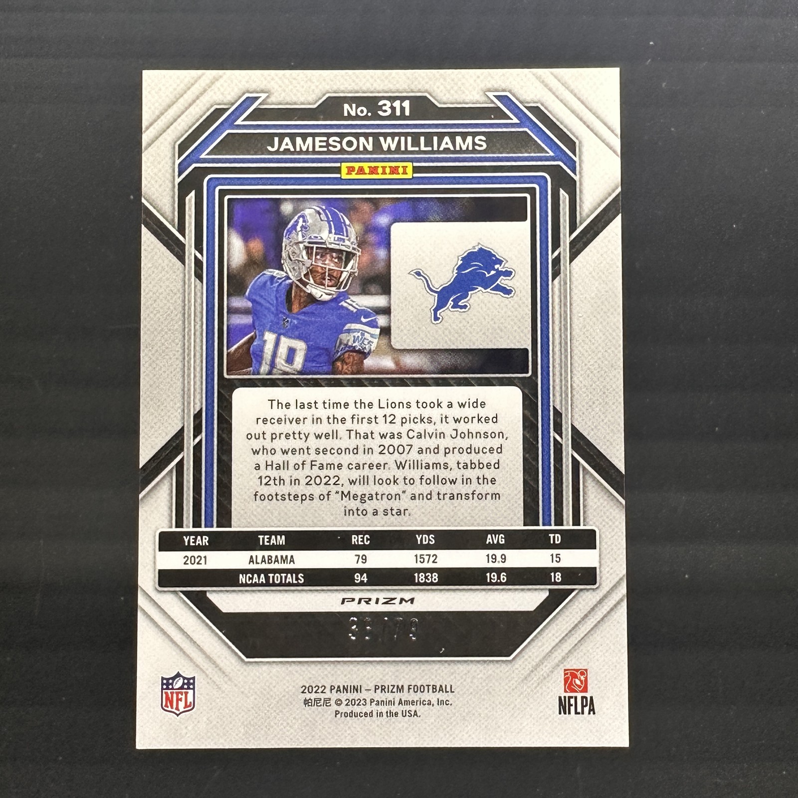 Jameson Williams 36/79 Blue Disco 2022 Panini Prizm Color Match