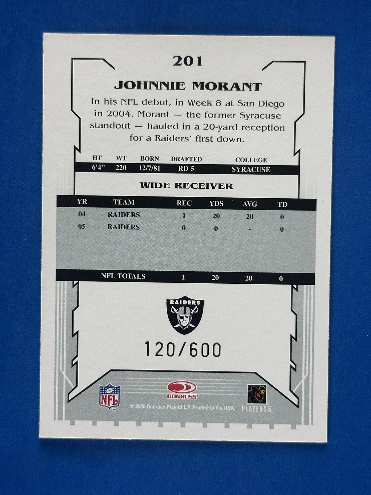 2006 Score Gold #201 Johnnie Morant Oakland Raiders #/600