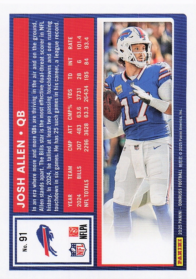 2025 Panini America, Inc. DONRUSS FOOTBALL JOSH ALLEN #91 BILLS QUARTERBACK