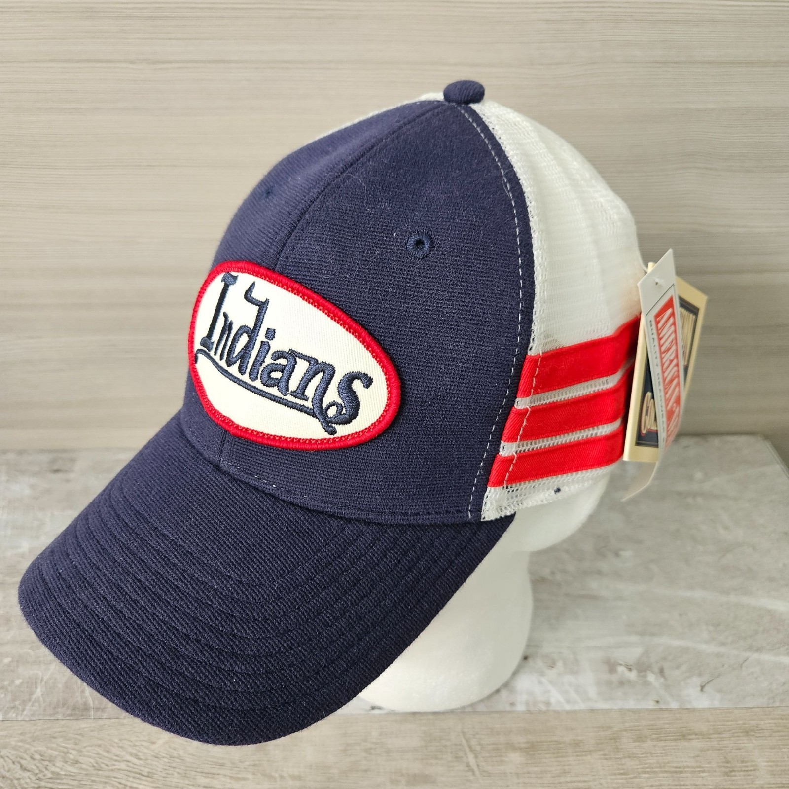 Vtg Cleveland Indians American Needle 3 Stripe Trucker Hat Cooperstown Patch