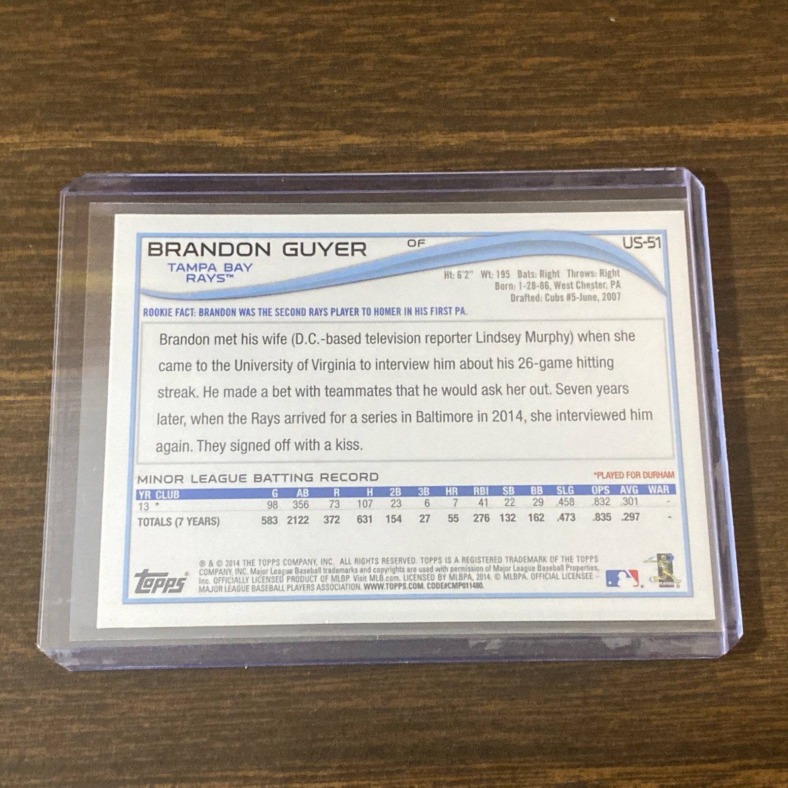 2014 Topps Update Series – Brandon Guyer #US-51 Tampa Bay Rays