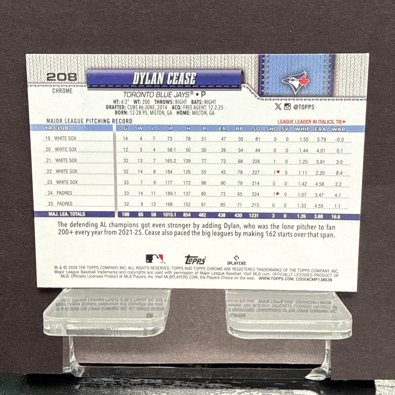 Dylan Cease Red White Blue Refractor 2026 Topps Chrome #208 Toronto Blue Jays
