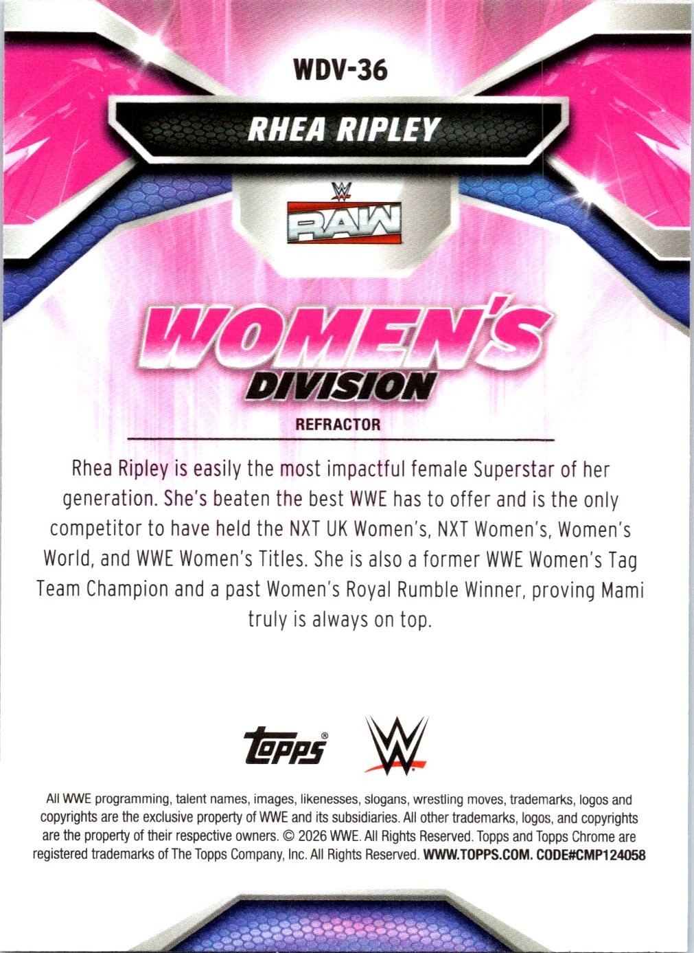 Rhea Ripley 2026 Topps Chrome WWE #WDV-36 Refractor Trading Card