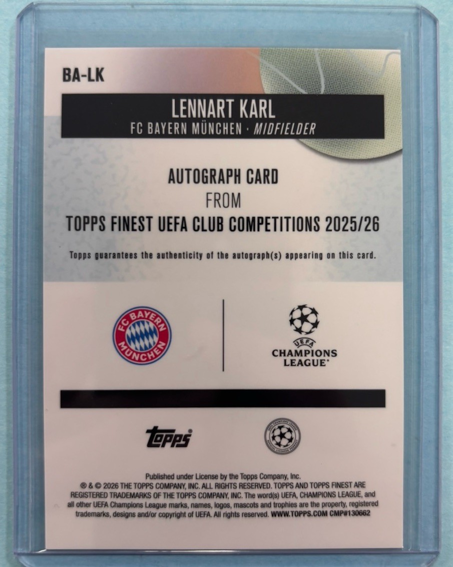 25/26 Topps Finest UEFA Club Competitions Lennart Karl Green SP RC Auto #d 19/99