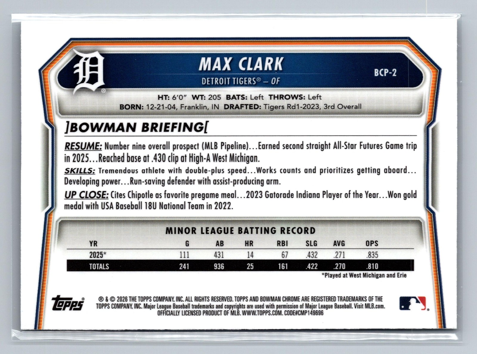 2026 Bowman #BCP-2 Max Clark Chrome Prospects Mojo Refractor