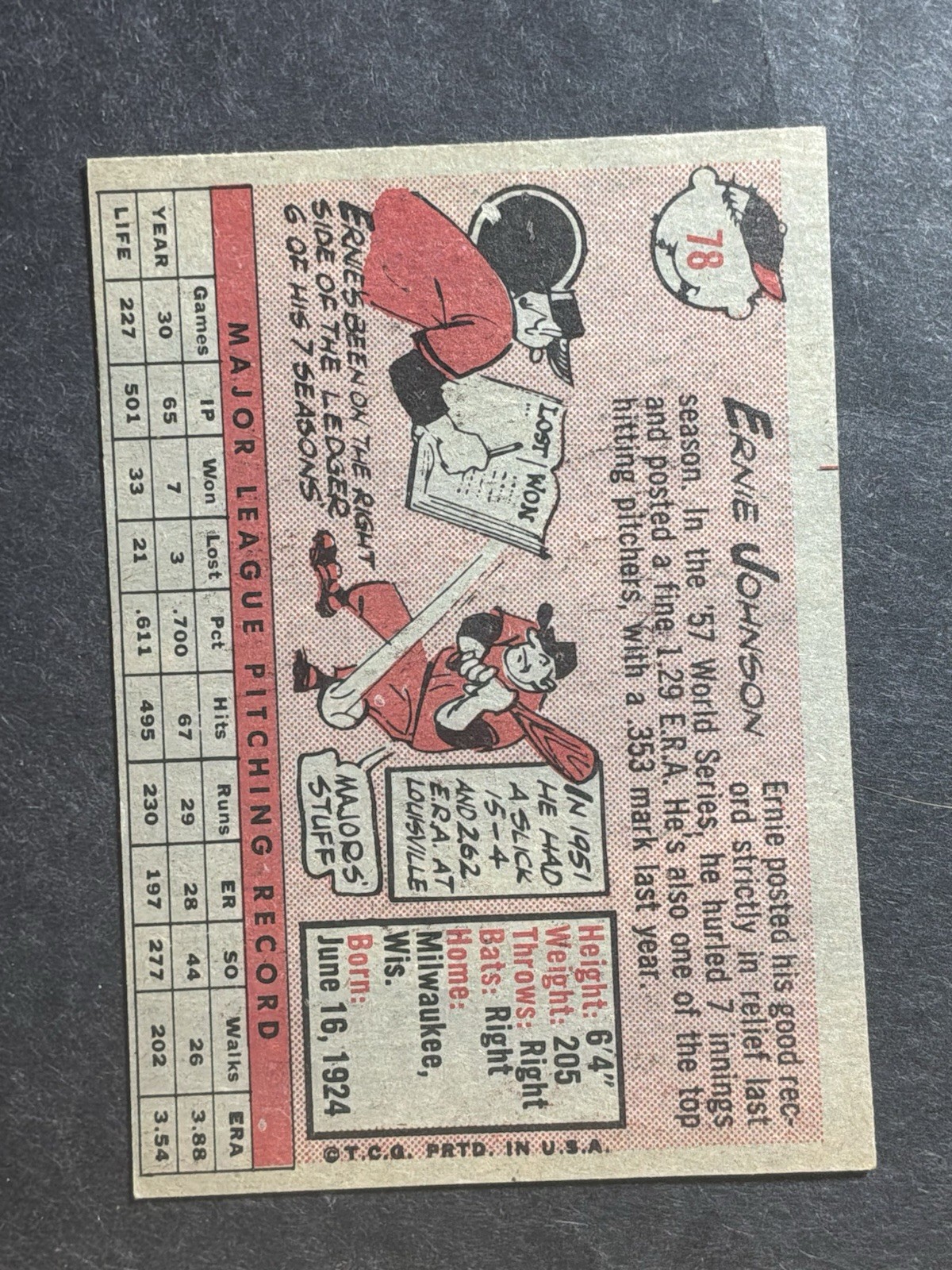 1958 Topps Ernie Johnson 78 Ex-Mt/NM Rarer Yellow Name Variation Glossy B5