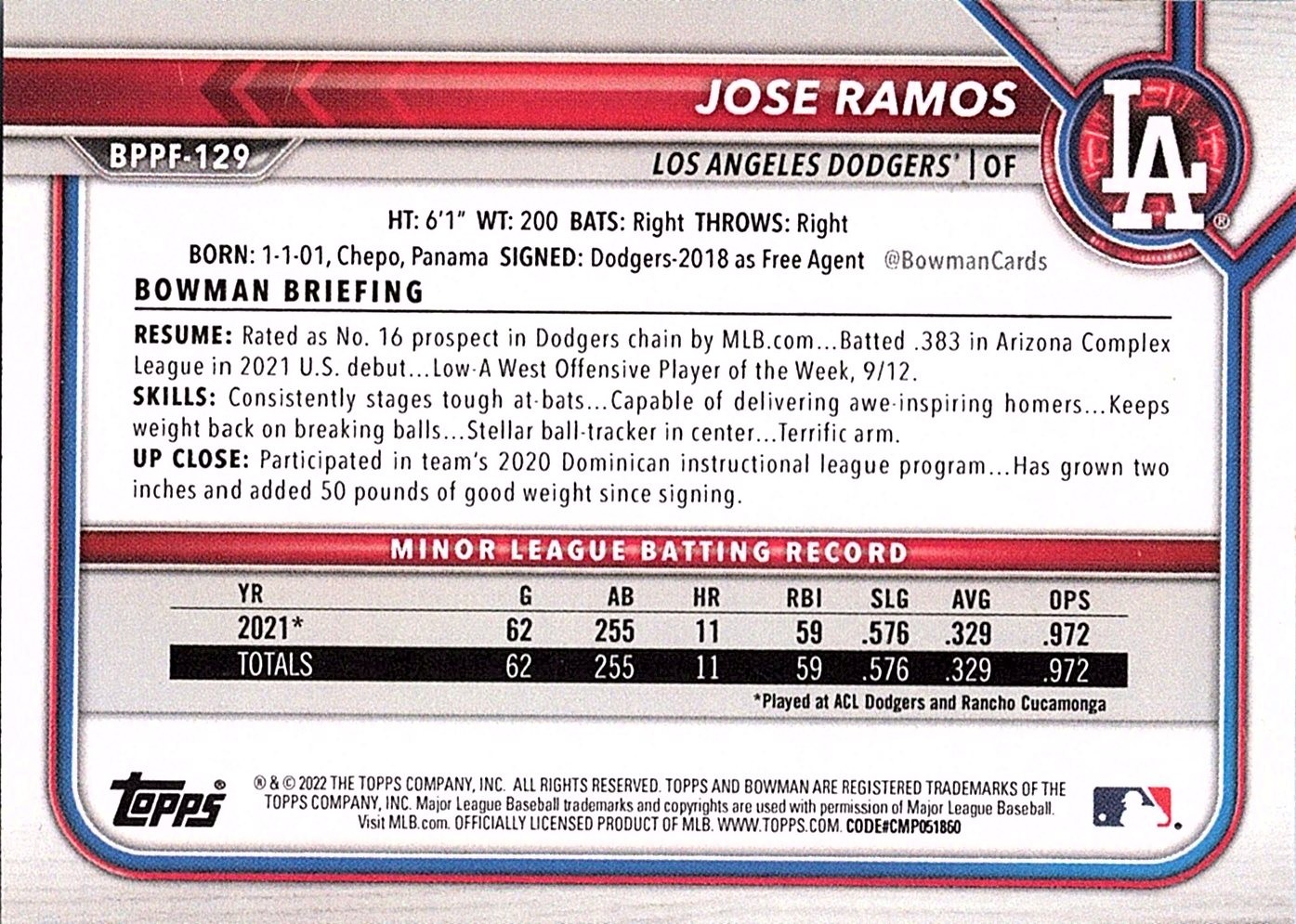 Jose Ramos 2022 Bowman 1st Edition #BPPF-129 Los Angeles Dodgers