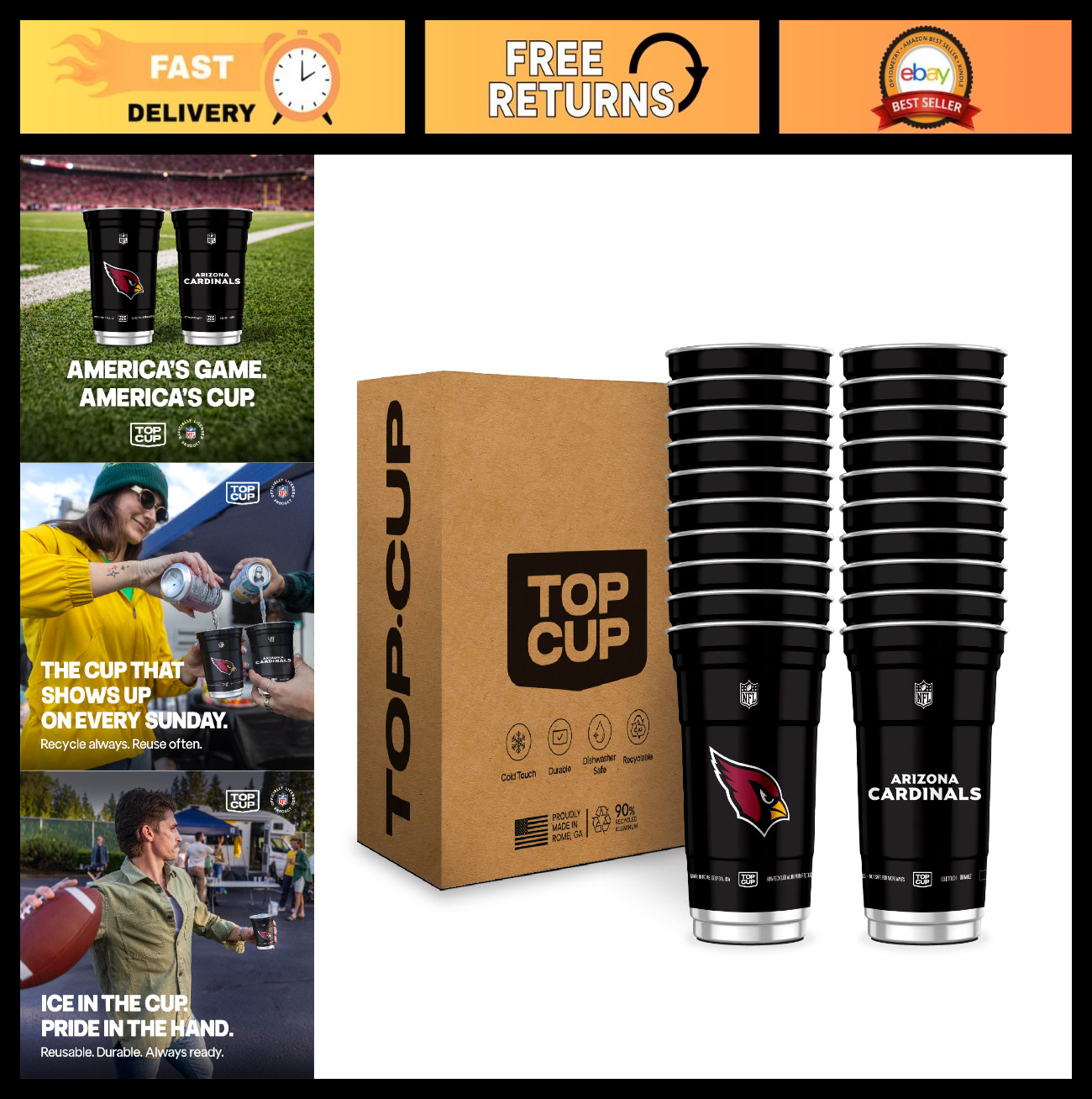 20 oz Reusable Aluminum Cups – 20 Count, Durable & Eco-Friendly, NFL Arizona Car