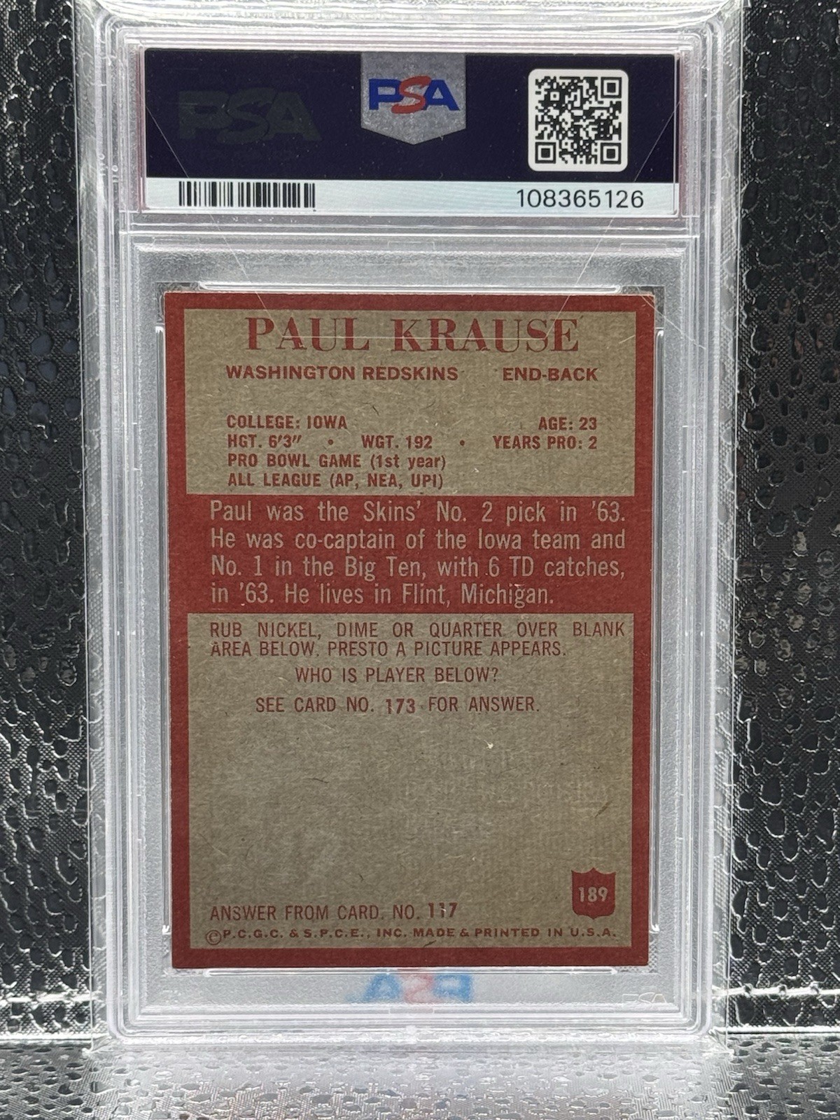 Philadelphia 1965 Paul Krause Rookie #189 Washington Redskins PSA Graded Card