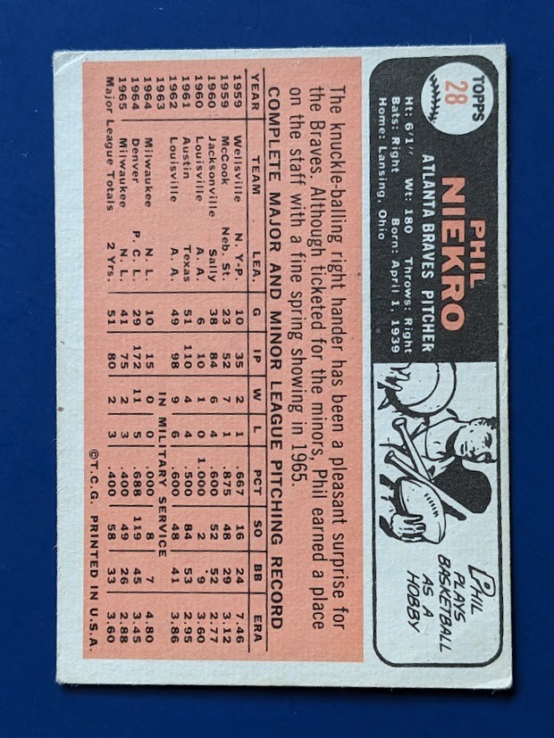 1966 Topps – Phil Niekro HOF #28 – Atlanta Braves VG+