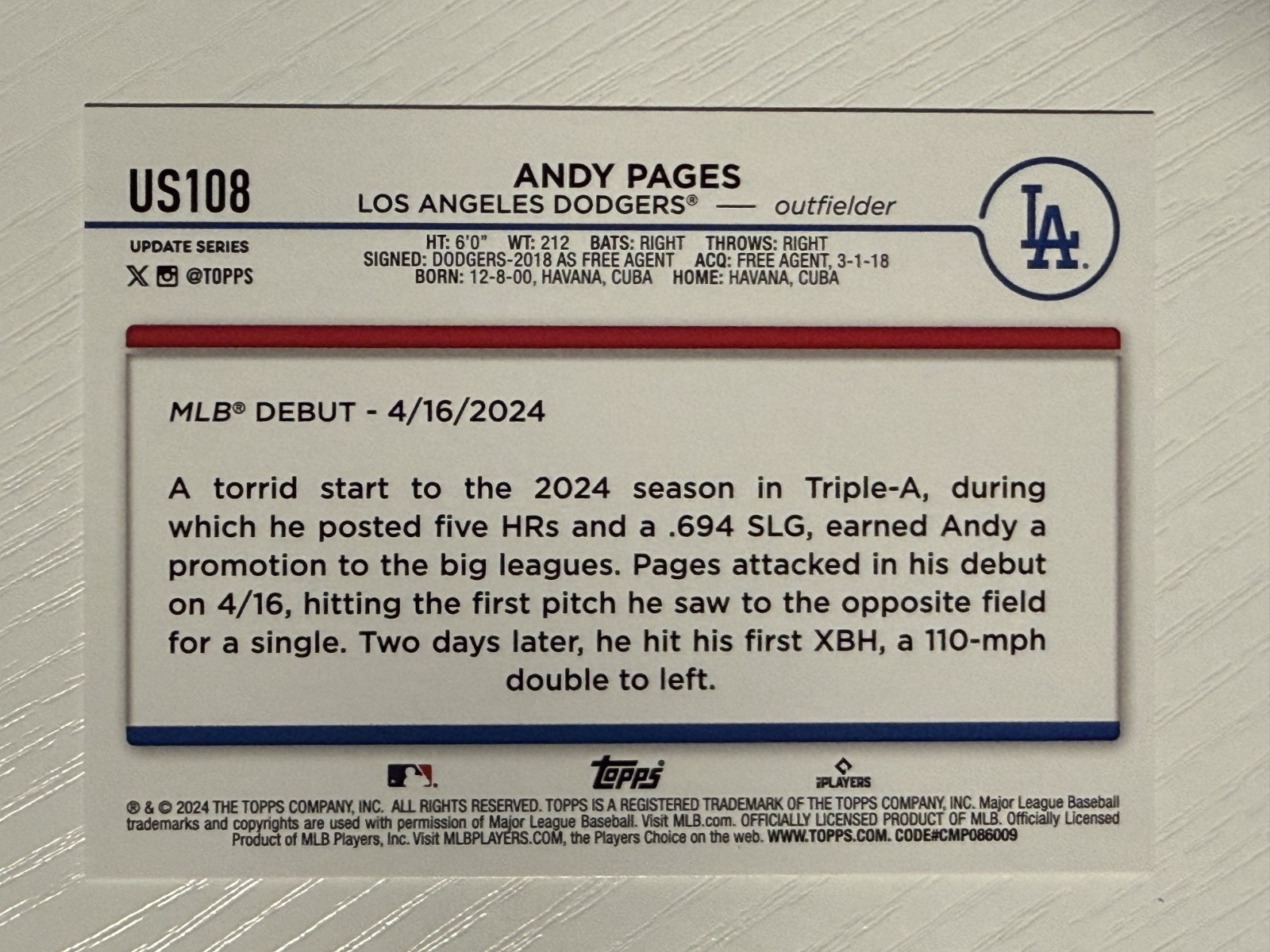 Andy Pages 2024 Topps Update Rookie Debut Gold Rainbow #US108 Dodgers