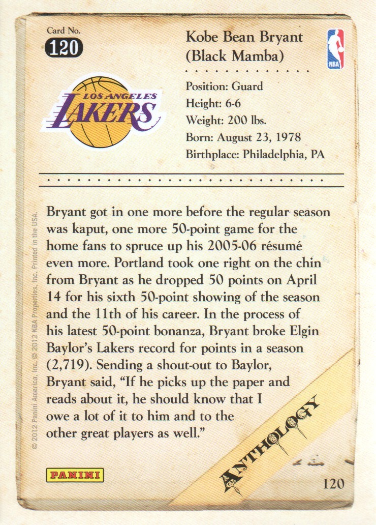 2012-13 Panini Kobe Anthology Basketball #120 Kobe Bryant