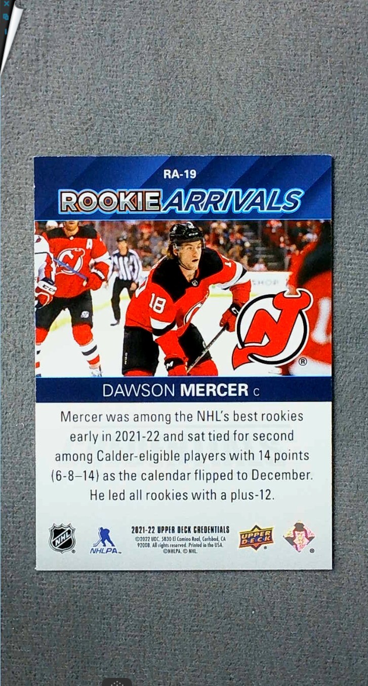 2021-22 Upper Deck Credentials Rookie Arrivals #RA-19 Dawson Mercer Devils