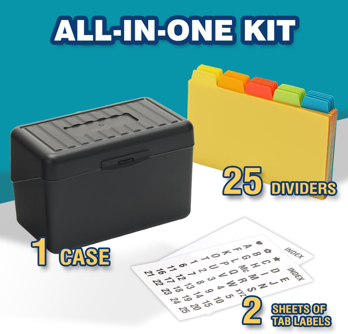 Index Card Holder 3×5 Inches with 25 Plastic Dividers, Black