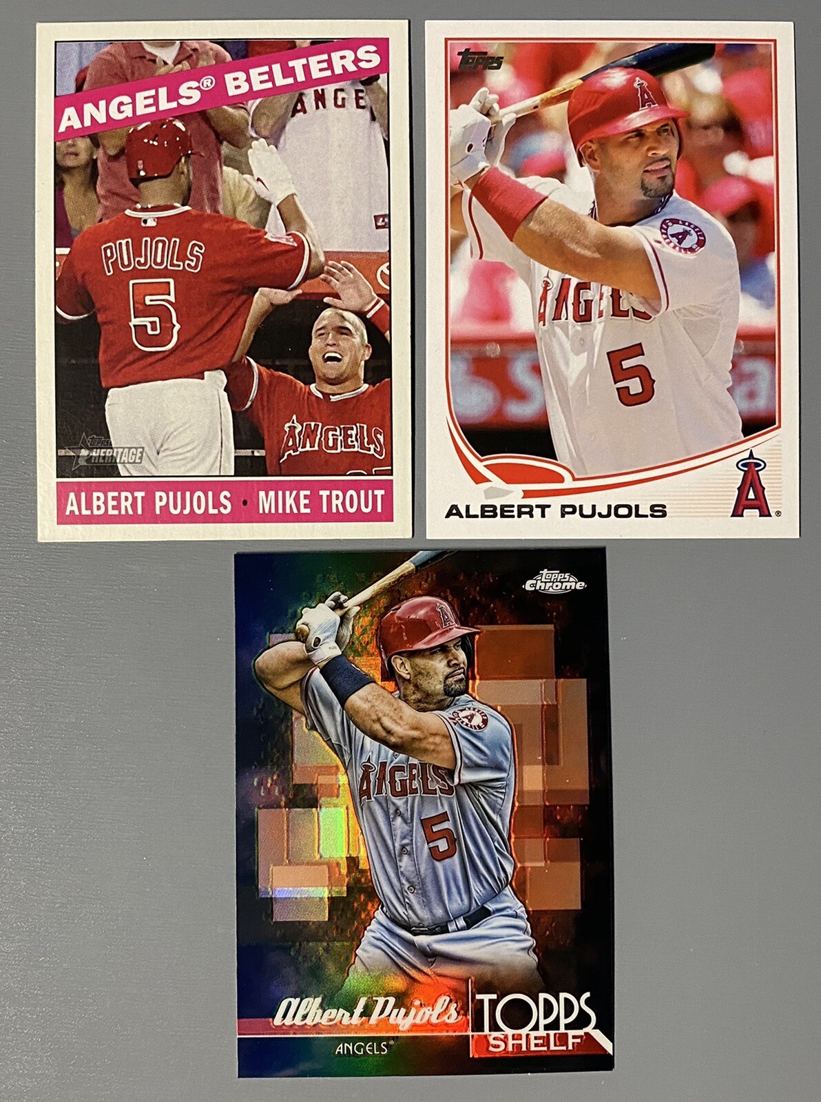 3 Albert Pujols 2013 Topps Base, 2014 Chrome Topps Shelf, 2015 Heritage w/ Trout