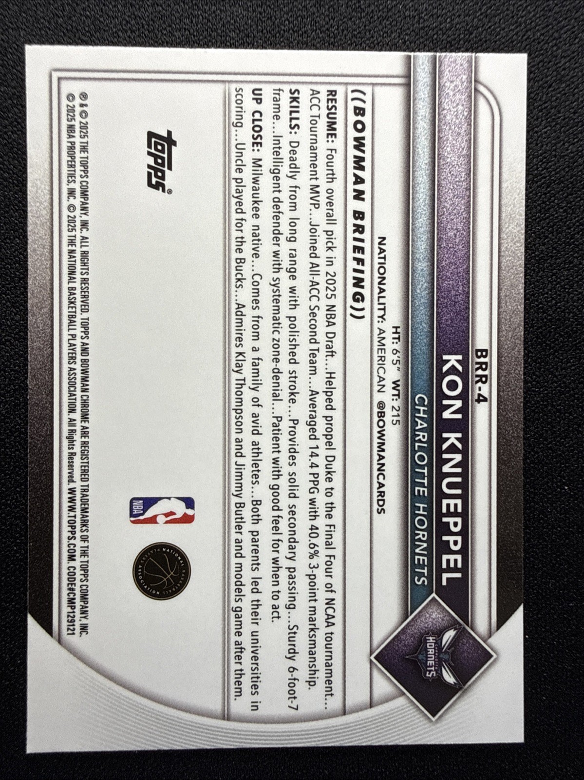2025-26 Bowman Basketball – Kon Knueppel – RC – BRR-4 Red Rookie Refractor SSP