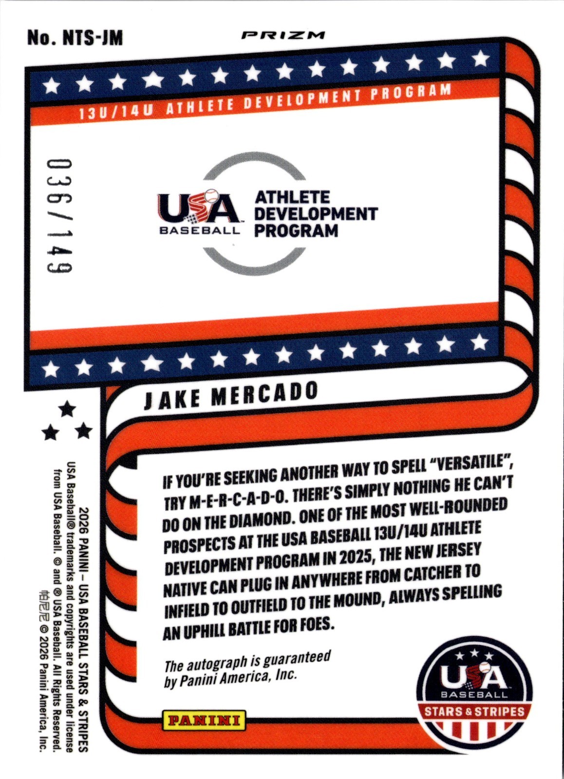 Jake Mercado 2026 Panini Stars & Stripes USA Auto Silver #NTS-JM USA #036/149