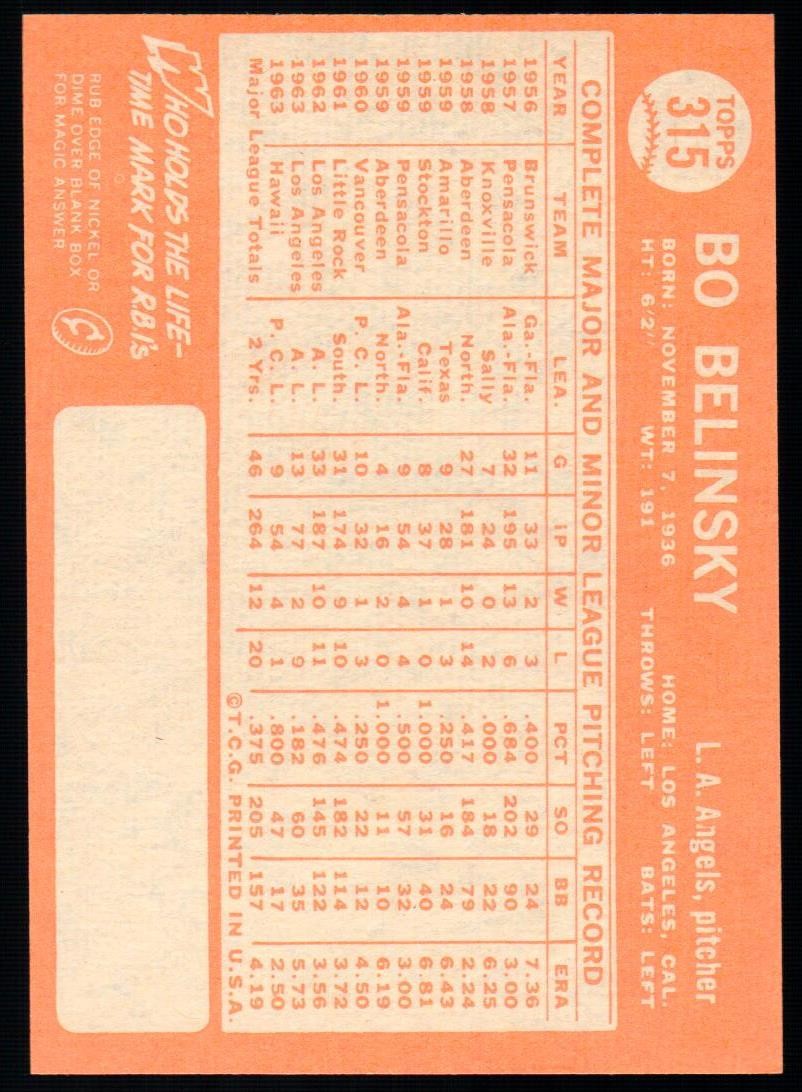 1964 Topps Baseball #315 Bo Belinsky Angels NM-MT+ centered w/FREE shipping