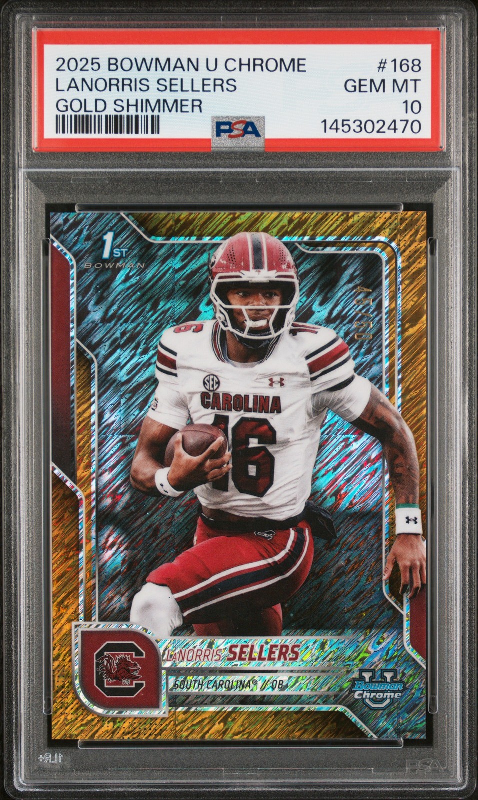 2025 Bowman University Chrome #168 Lanorris Sellers Gold Shimmer /50 PSA 10