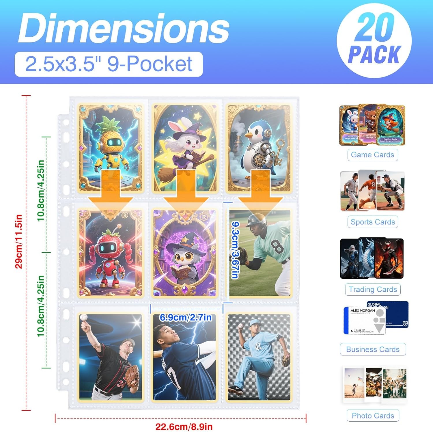 20-pack Trading Card Sleeve Pages 9-pocket Binder Sheets for Sports Game Cards