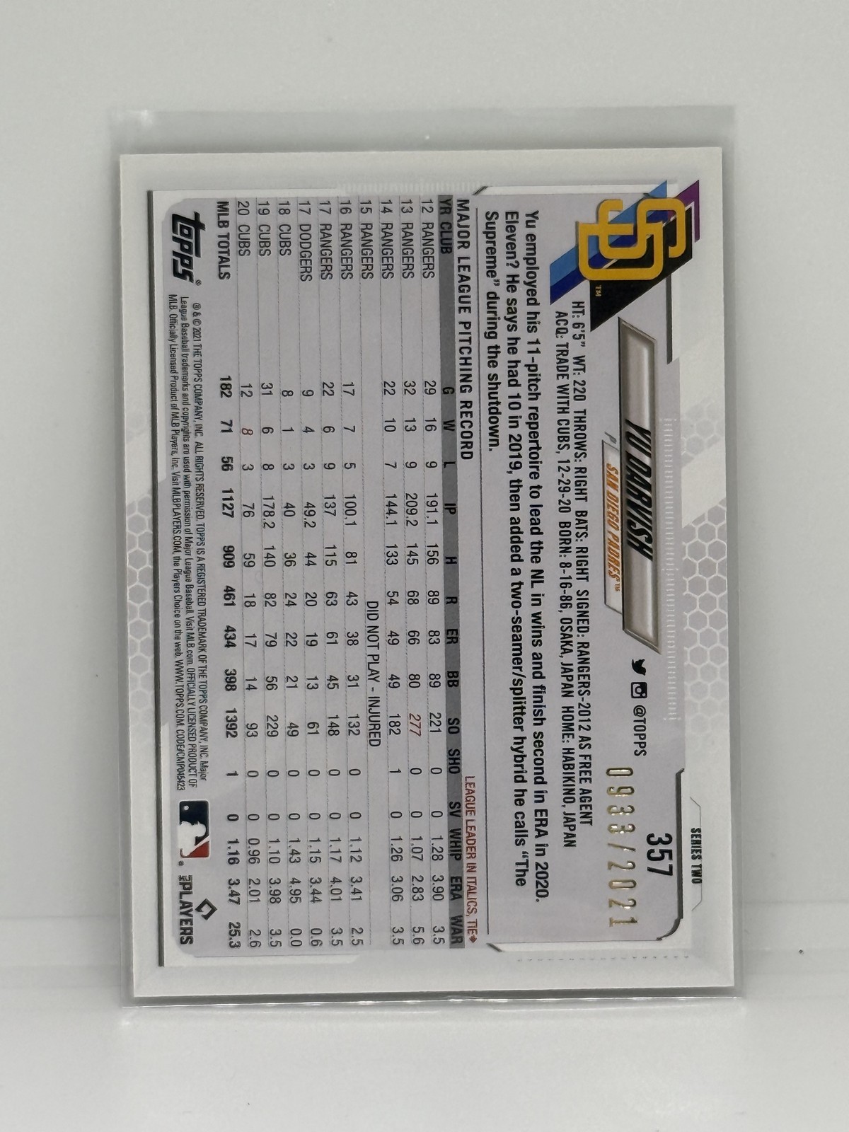 2021 Topps #357 Yu Darvish Gold #/2021