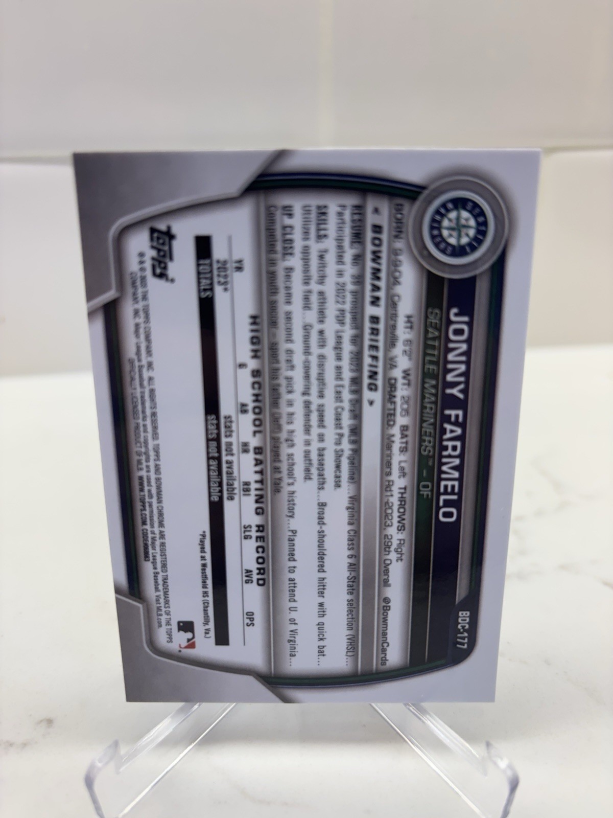 2023 Bowman Draft Sapphire Edition Jonny Farmelo #BDC-177 Seattle Mariners