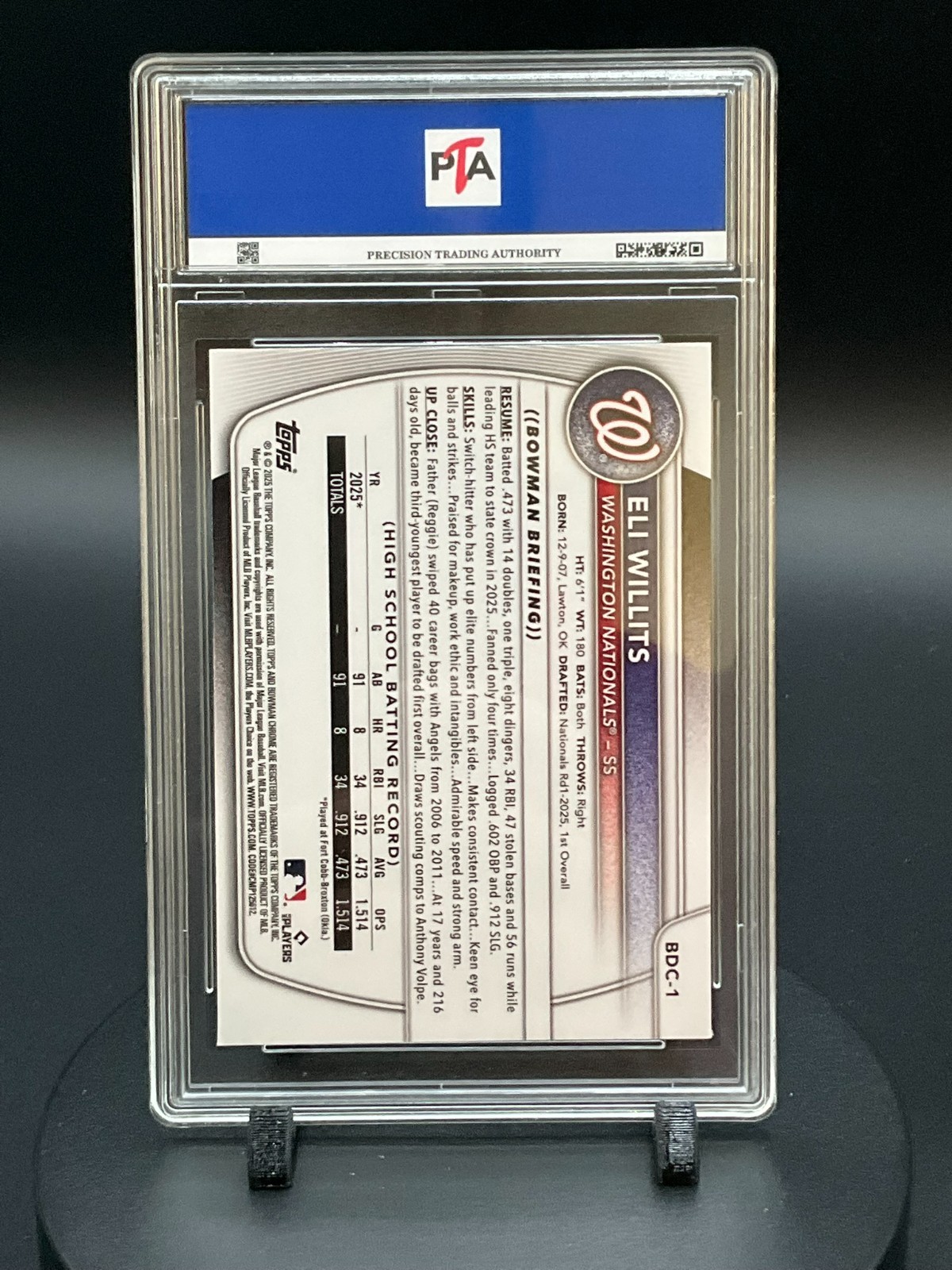 2025 BOWMAN DRAFT CHROME Eli Willits 1st Bowman Graded GEM MINT PTA 10🔥