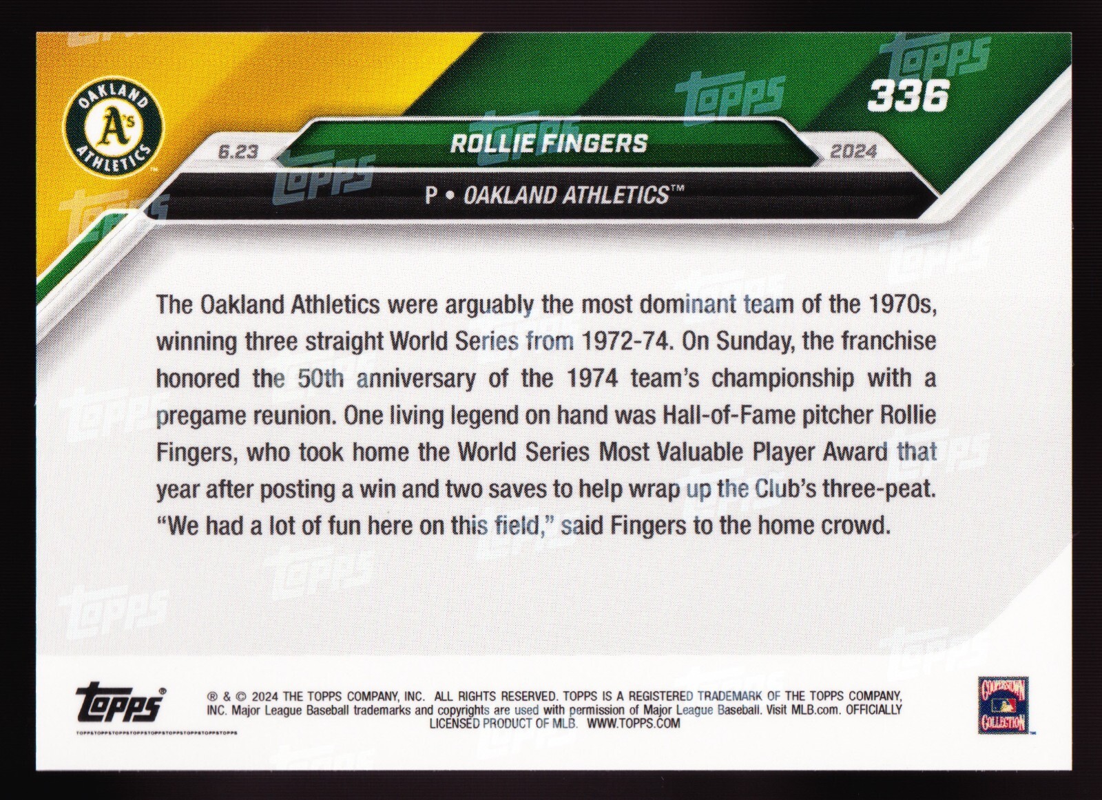 Rollie Fingers A’s Athletics 1974 World Series 2024 MLB TOPPS NOW Card #336 Base