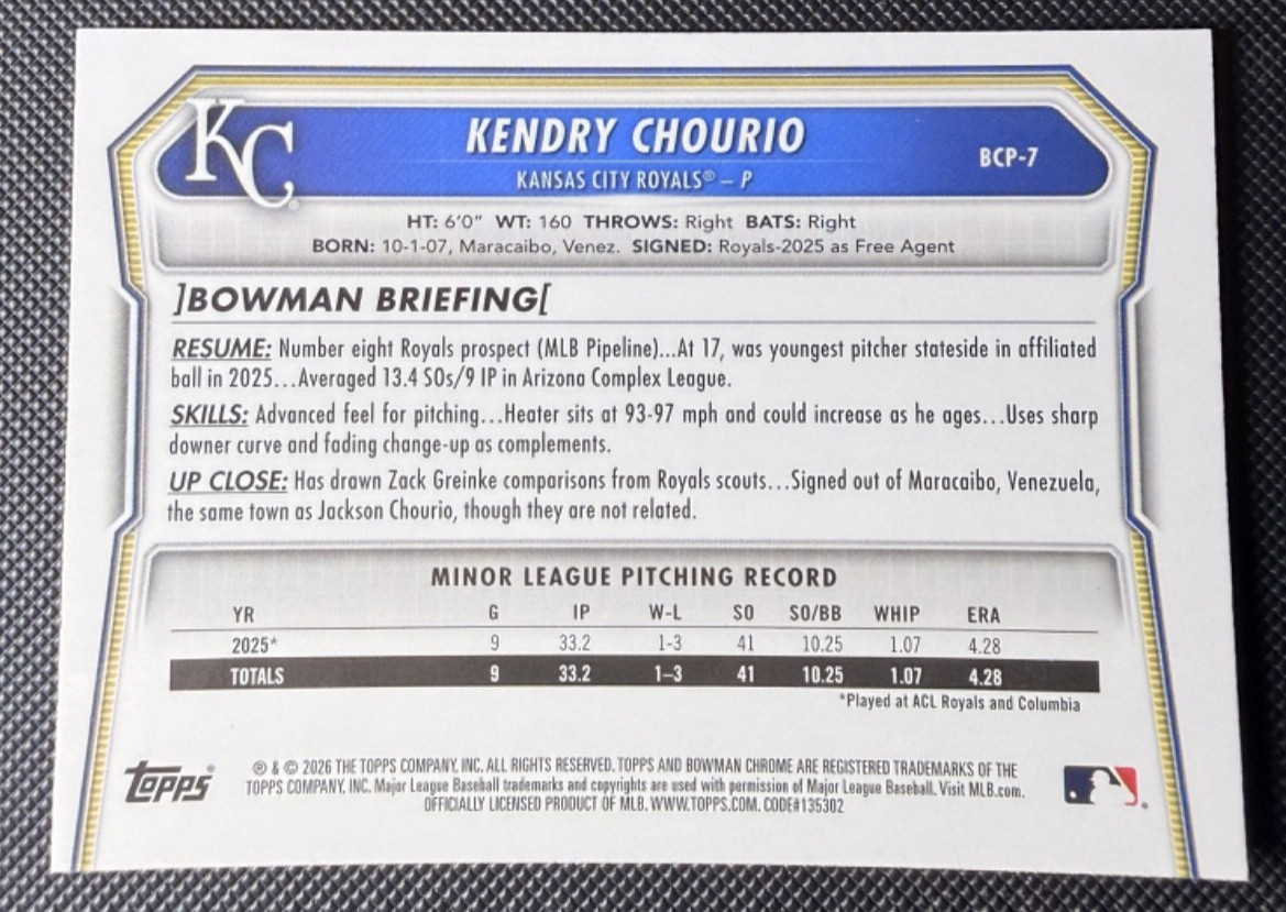 2026 Bowman Chrome Kendry Chourio 1st Bowman League Logofractor #BCP-7