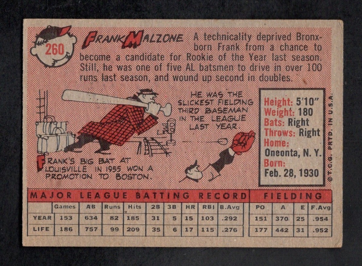 1958 Topps Baseball Card #260 Frank Malzone Boston Red Sox EX