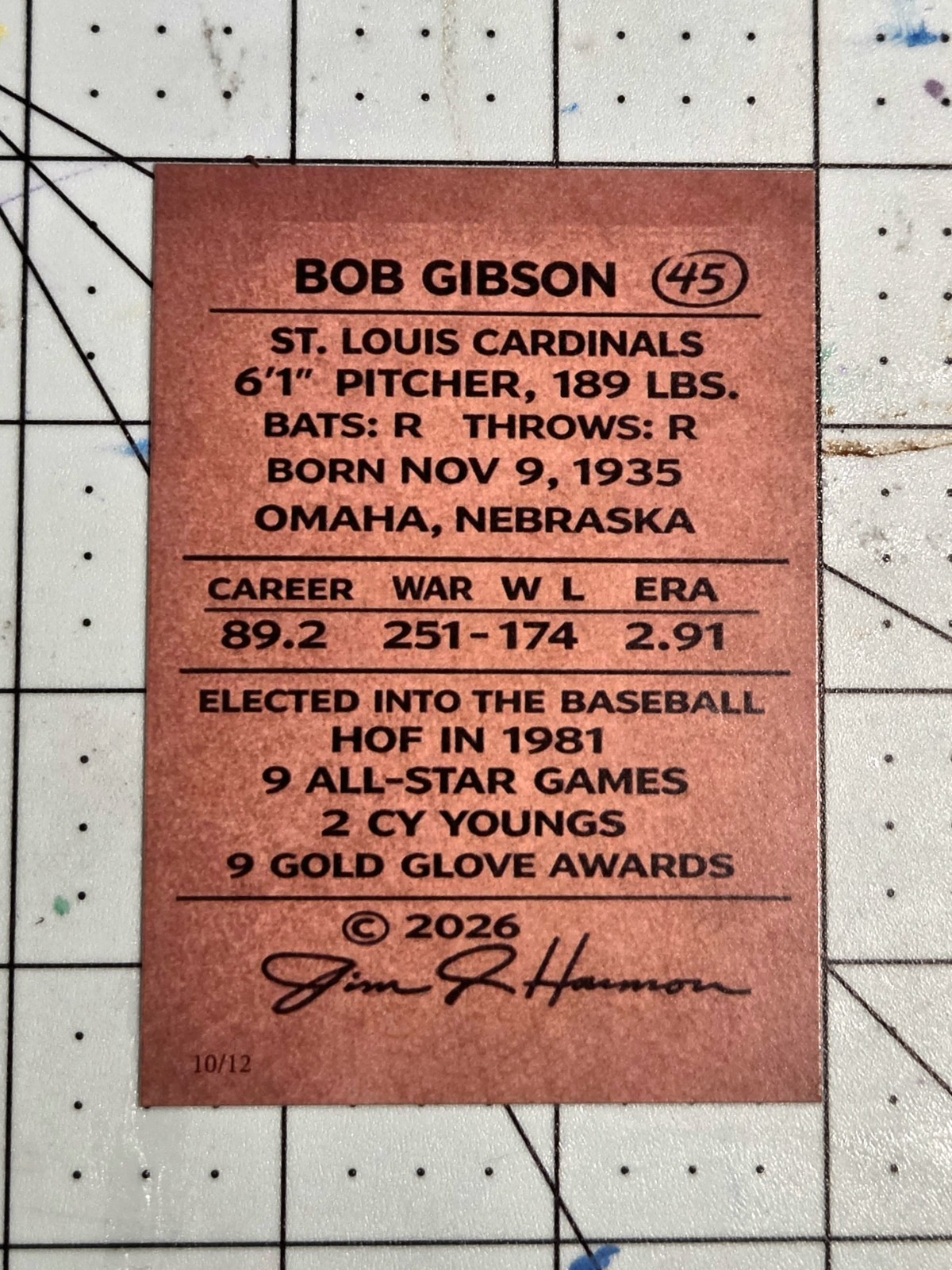 Bob Gibson Sketch Card / 12 Standard Size 2.5 X 3.5
