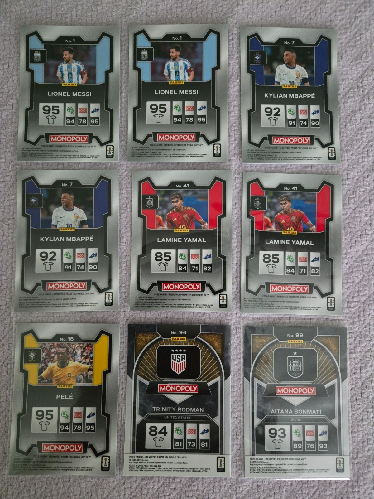 2026 Panini Prizm Monopoly World Cup 9 Card Star Base Lot Messi Yamal Mbappe