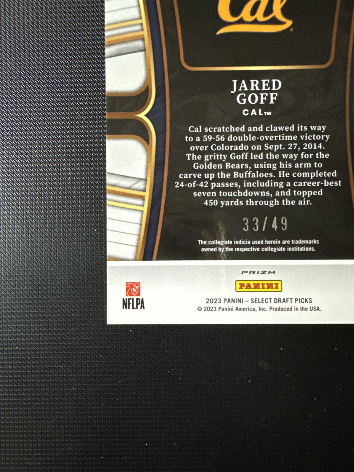 2023 Panini Select Draft Picks JARED GOFF Concourse U Cal Orange Prizm /49 MINT