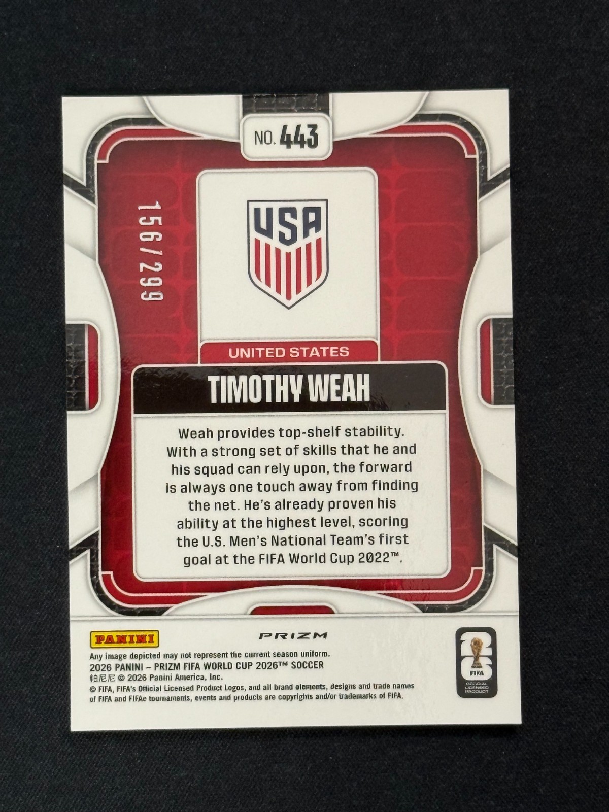 Timothy Weah 2025-26 Prizm Soccer FIFA World Cup #443 Purple Hyper /299 USA