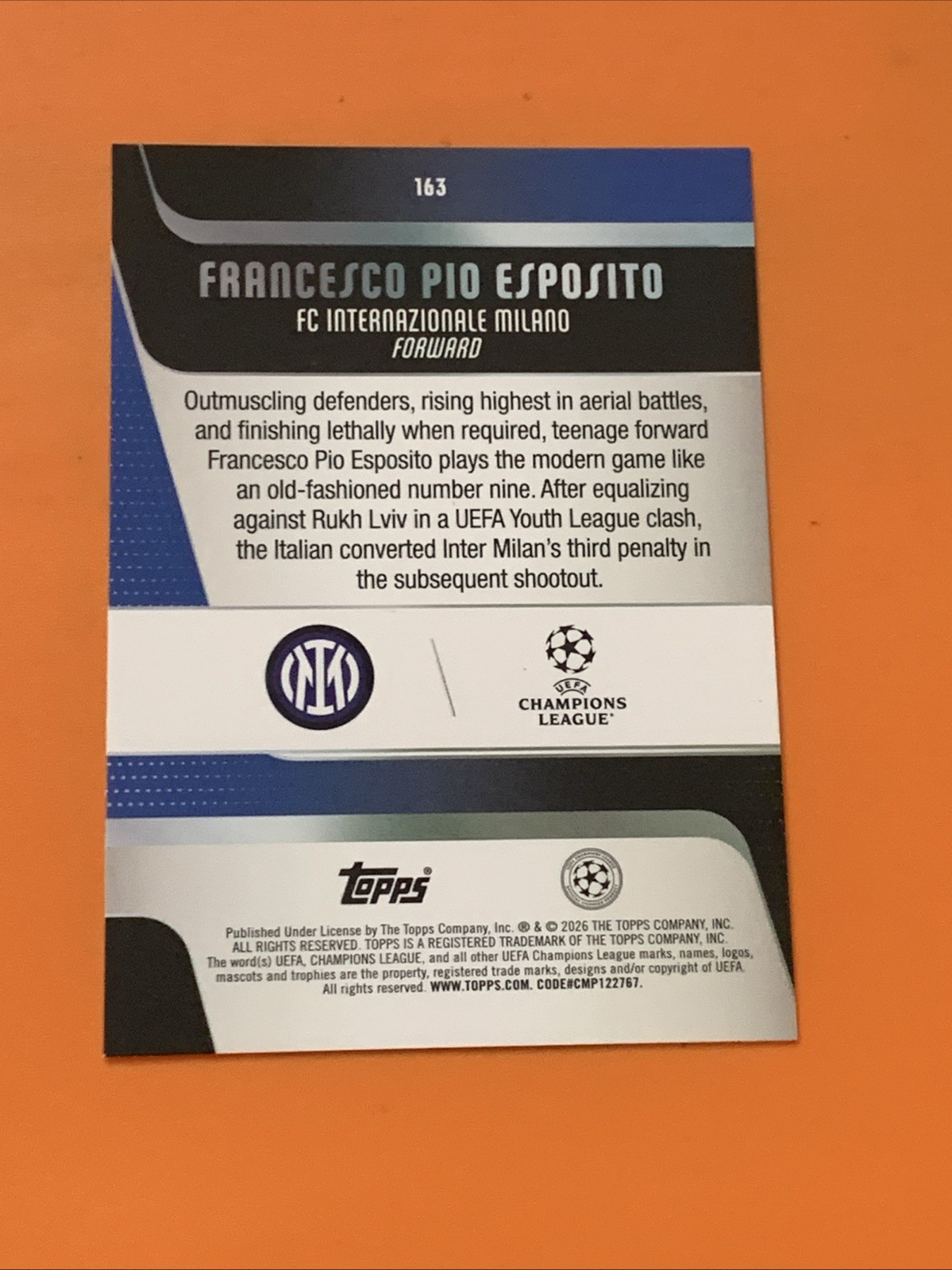 2025-26 Topps Uefa Club Competitions – Francesco Pio Esposito #163 (RC)