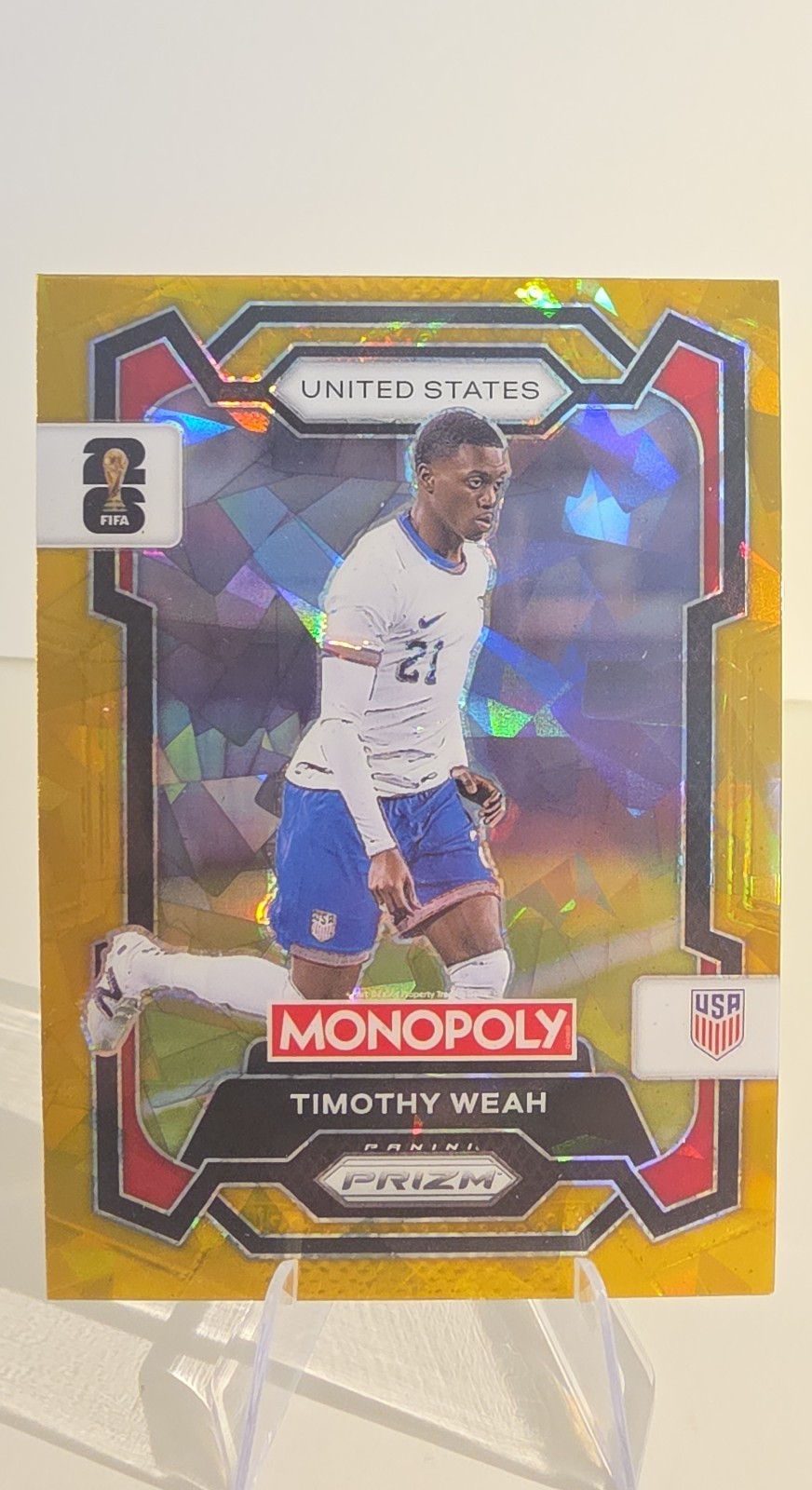 2026 Panini Prizm Monopoly Fifa World Cup – Timothy Weah #71 Gold Cracked Ice…