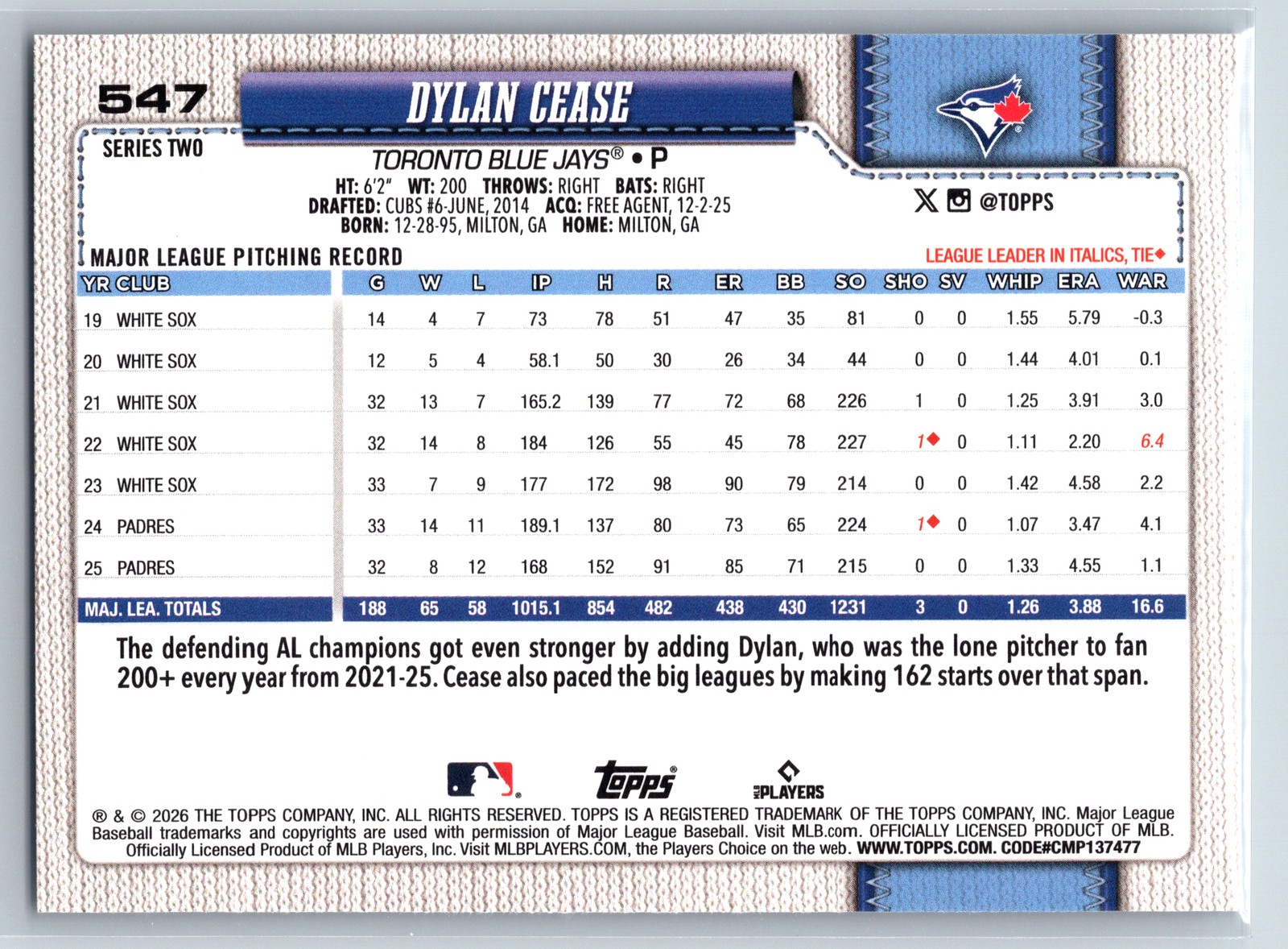 2026 Topps #547 Dylan Cease Sandglitter