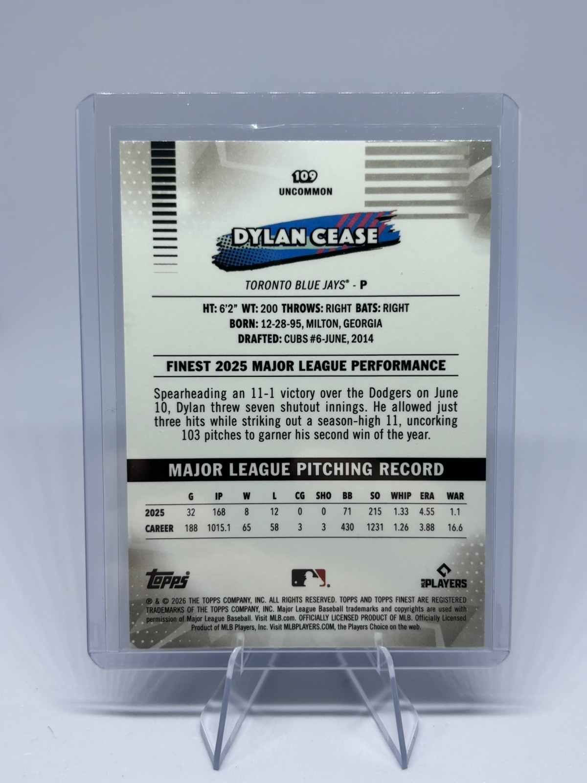 2026 Topps Finest Dylan Cease Blue Jays #109 Uncommon Blue Refractor /150
